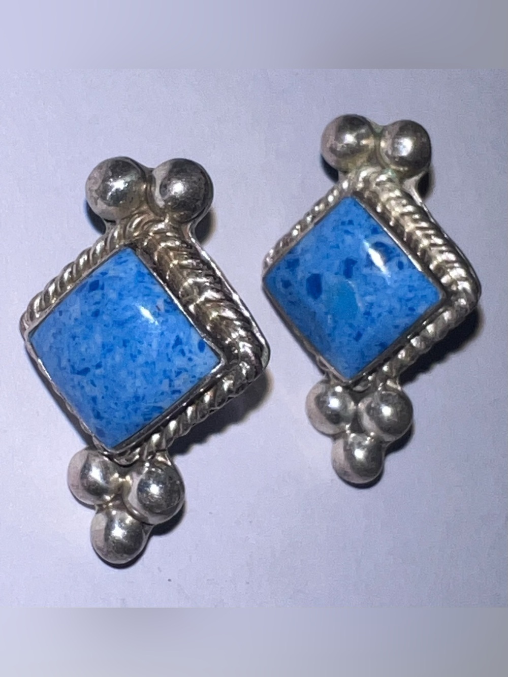 ATI 925 Mexico vintage pierced post stud earrings blue silver square geometric